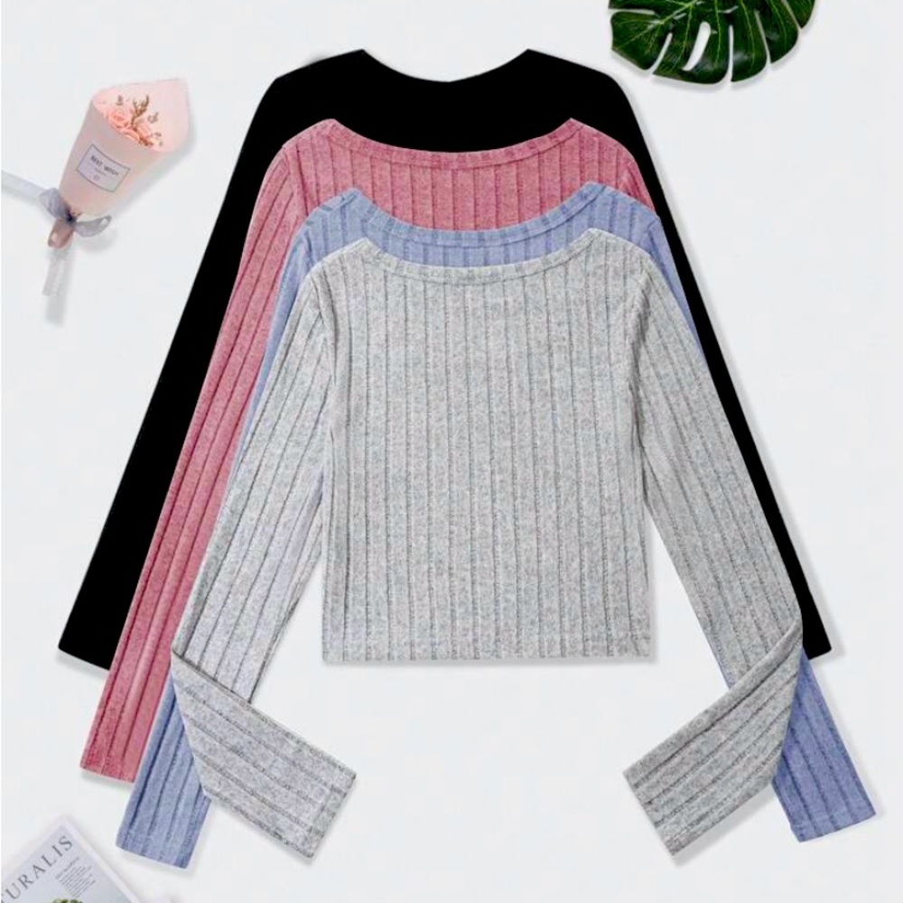 Solid Color Ribbed Knit T-Shirts - Picture 3 of 7